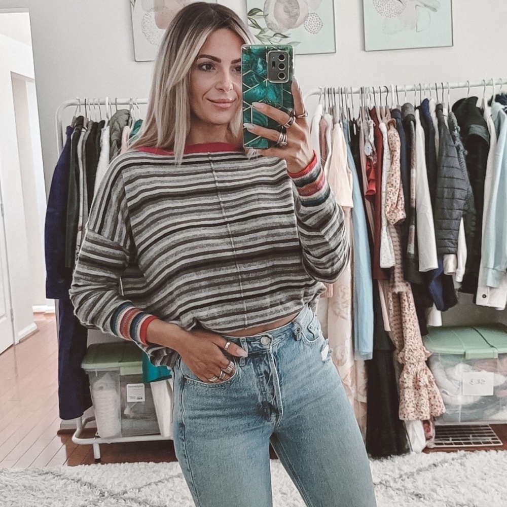 Anthropologie Striped Gray Multicolor Crewneck Sweater